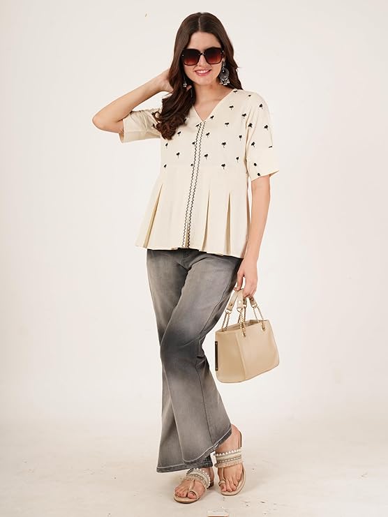 Brownverse Pure Cotton Embroidered Women Short Kurti